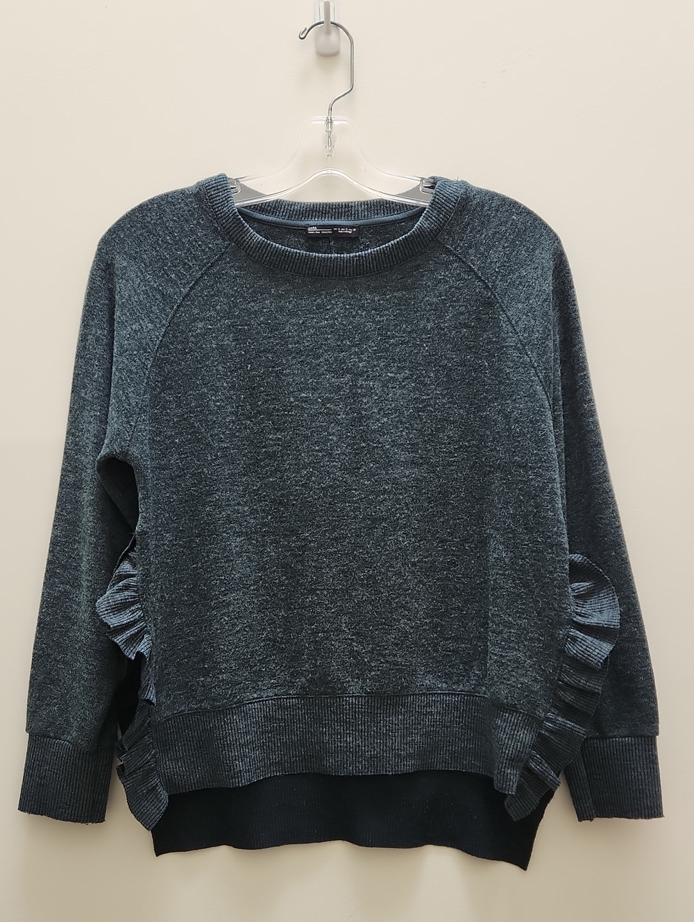 Zara Dark Teal Crewneck Sweater with Side Ruffles